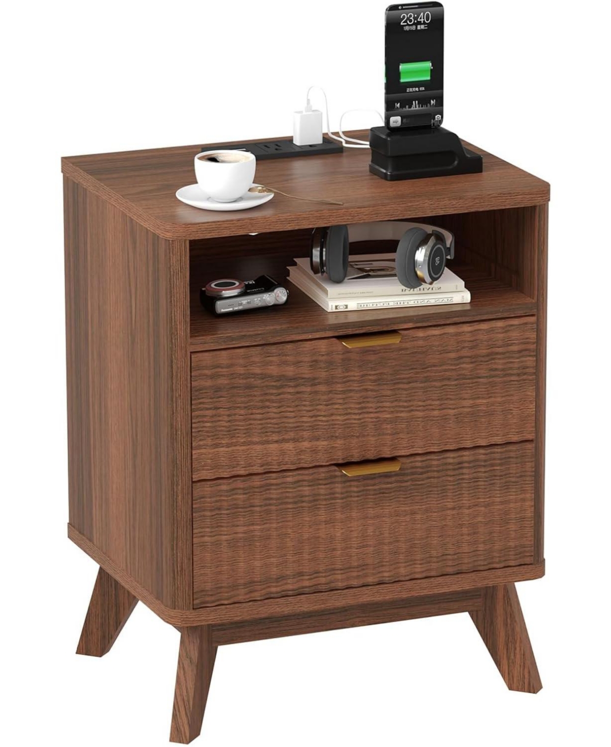 gaomon Modern Fluted Night Stands Set of 2, Nightstands with Usb Charging Station, Two Drawer Filing Cabinets Shelf