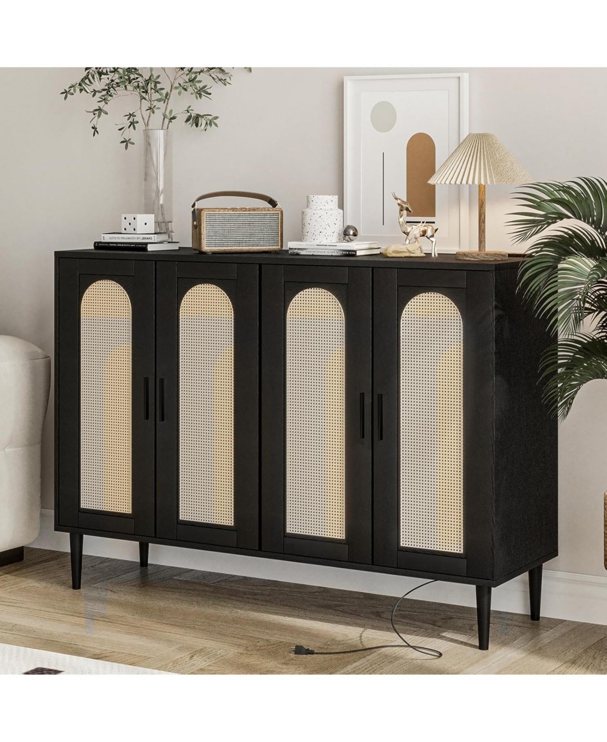 gaomon Rattan Buffet Cabinet with Storage,Sideboard Cabinet with 4 Doors and Adjustable Shelves, Console Coffee Bar with Charging Station, Boho Wood