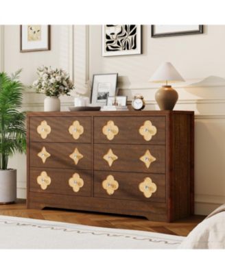 6 Drawer Wide Dresser, Boho Wooden Chest with Decorative Drawer Fronts for Bedroom, Living Room