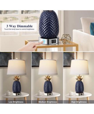22-inch Pineapple Table Lamps Set of 2, 3 way Dimmable Ceramic Table Lamp for living room, Navy Blue Modern Table Lamp with USB Port