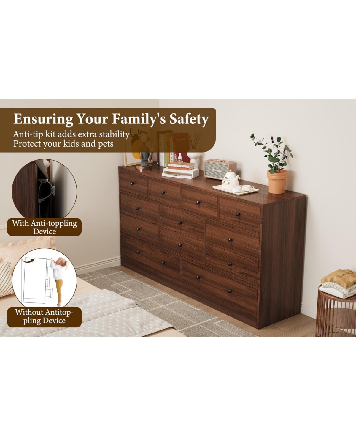 gaomon Drawer Dresser for Bedroom, 61 Long Modern Black Tv Stand with Charging Station, Large Wooden Chest Od Drawers Nursery, Closet