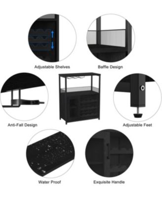 3-Tier Wine Bar Cabinet with Detachable Wine Rack and Drawer Industrial Sideboard and Buffet Cabinet with Glass Holder and Mesh Door