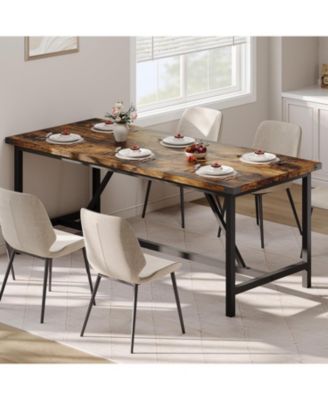 70.87 Inch Large Farmhouse Dining Table with Wood Grain Engineered Panels and Sturdy Black Metal Legs Seats 6-8 Dual Use