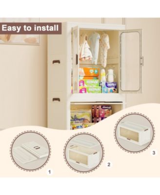 Portable Wardrobe Closet with Magnetic Doors, 4 Cubes, Hanging Rod & 10 Hangers, White