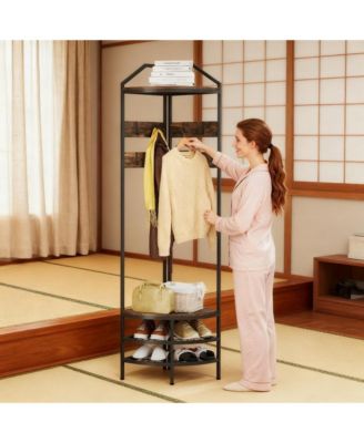 Corner Hall Tree - Industrial 4-Tier Coat Rack with Open Shelves, Movable Hooks and Steel Frame for Hallway, Living Room