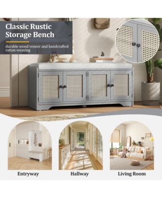 Rustic Storage Bench - Wood Shoe Cabinet Storage Ottoman with Removable Cushion, Woven Rattan Doors, Adjustable Shelves for Hallway