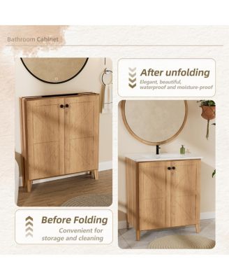 29" Antique Bathroom Vanity with Sink, Quick-Install Folding Storage, Eco MDF Matte 3D Embossed Finish, Large Capacity