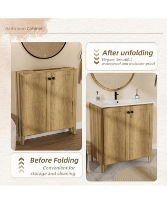 29" Antique Bathroom Vanity with Sink, Quick-Install Folding Storage, Eco MDF Matte 3D Embossed Finish, Large Capacity