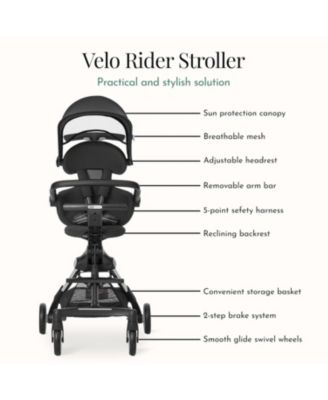 Baby evolur Velo Rider stroller: lightweight for ages 6–36 months with one-hand fold, footrest, rear platform, and 5-point harness.
