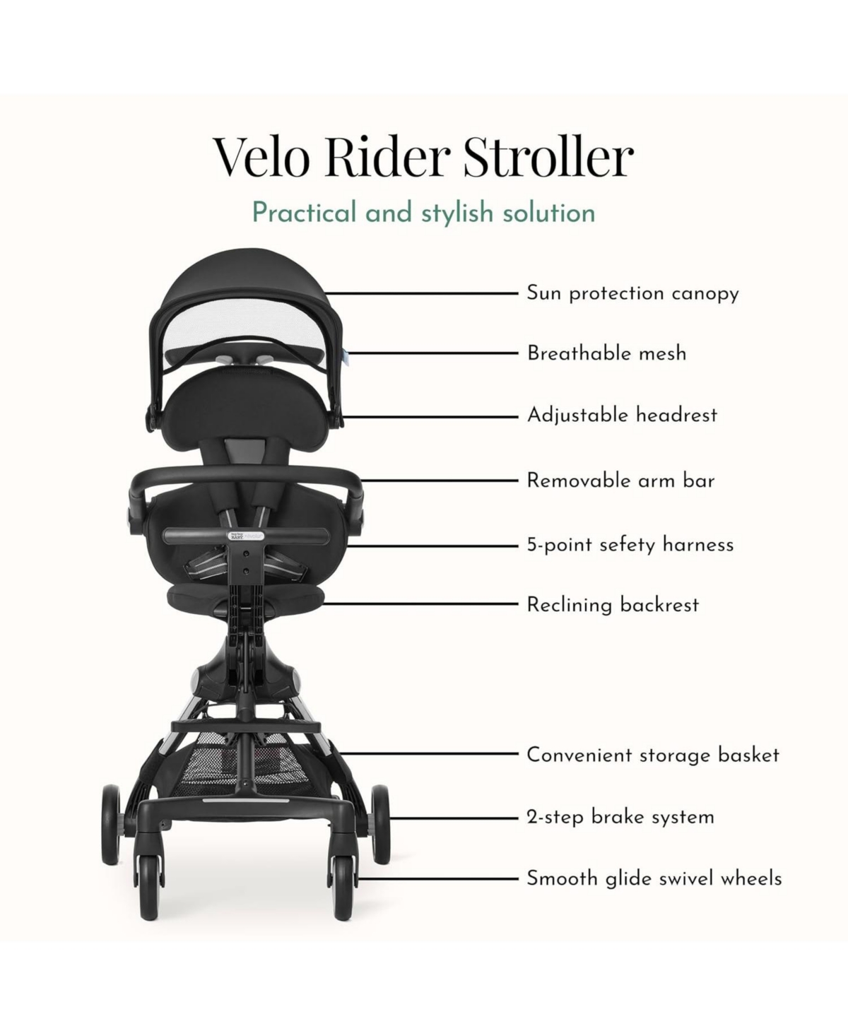 Dream On Me Baby evolur Velo Rider stroller: lightweight for ages 6–36 months with one-hand fold, footrest, rear platform, and 5-point harness.