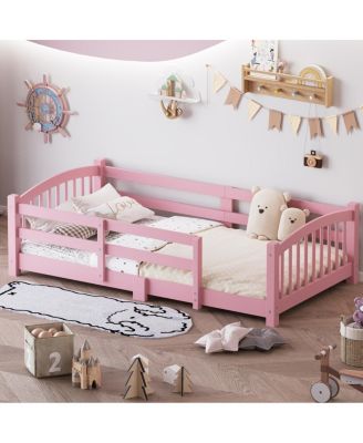 Twin Montessori Floor Bed with Slats, Safety Guardrails, Solid Wood