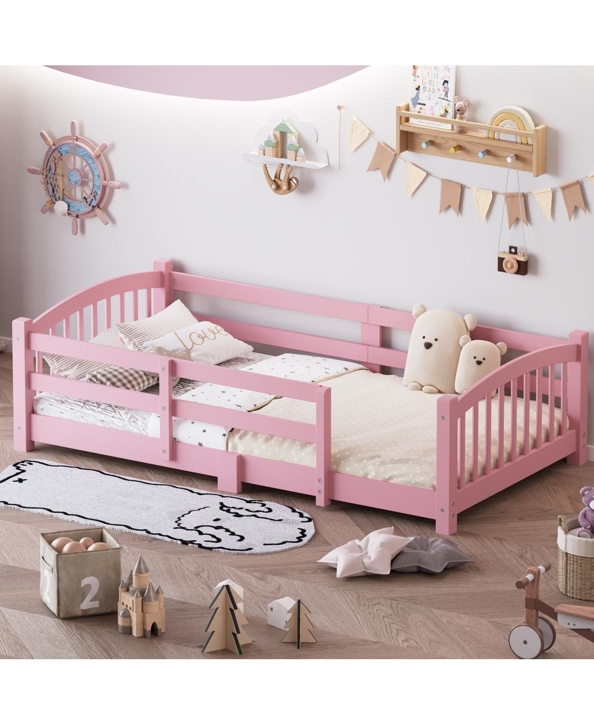 Streamdale Furniture Twin Montessori Floor Bed with Slats, Safety Guardrails, Solid Wood