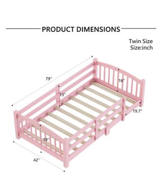 Twin Montessori Floor Bed with Slats, Safety Guardrails, Solid Wood
