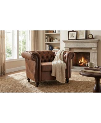 Chesterfield Club Chair with Scrolled Arms, Nail head Trim, and Solid Wood Legs