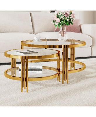 Modern 2-Piece Gold Textured Glass Coffee Table Set
