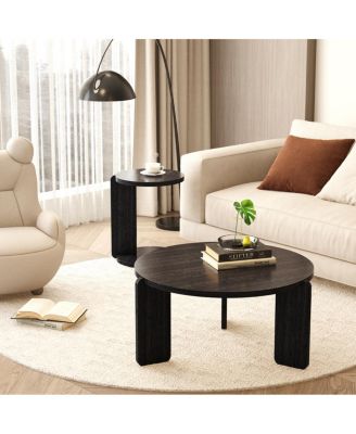 Nesting round wood coffee table set of 2, black oak veneer top, water/wear-resisting