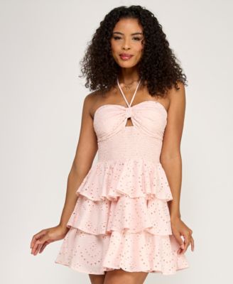 Juniors' Smocked Eyelet Halter Dress