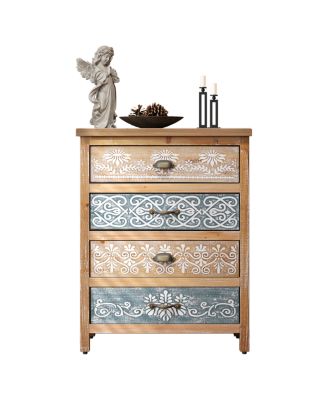 Vintage 4-Drawer Chest with Distressed Wood & Ornate Pattern Design
