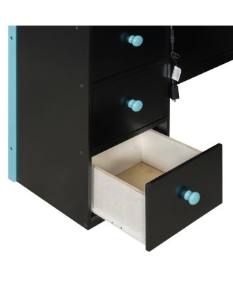 Full Size Wood Loft Bed with Desk, Ample Storage Space and Light