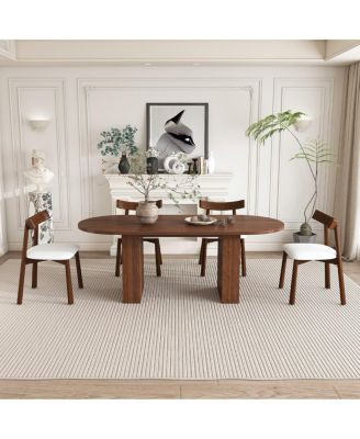 Oval Dining Table Set for 6 with 4 Chairs, Walnut Veneer, Farmhouse Style