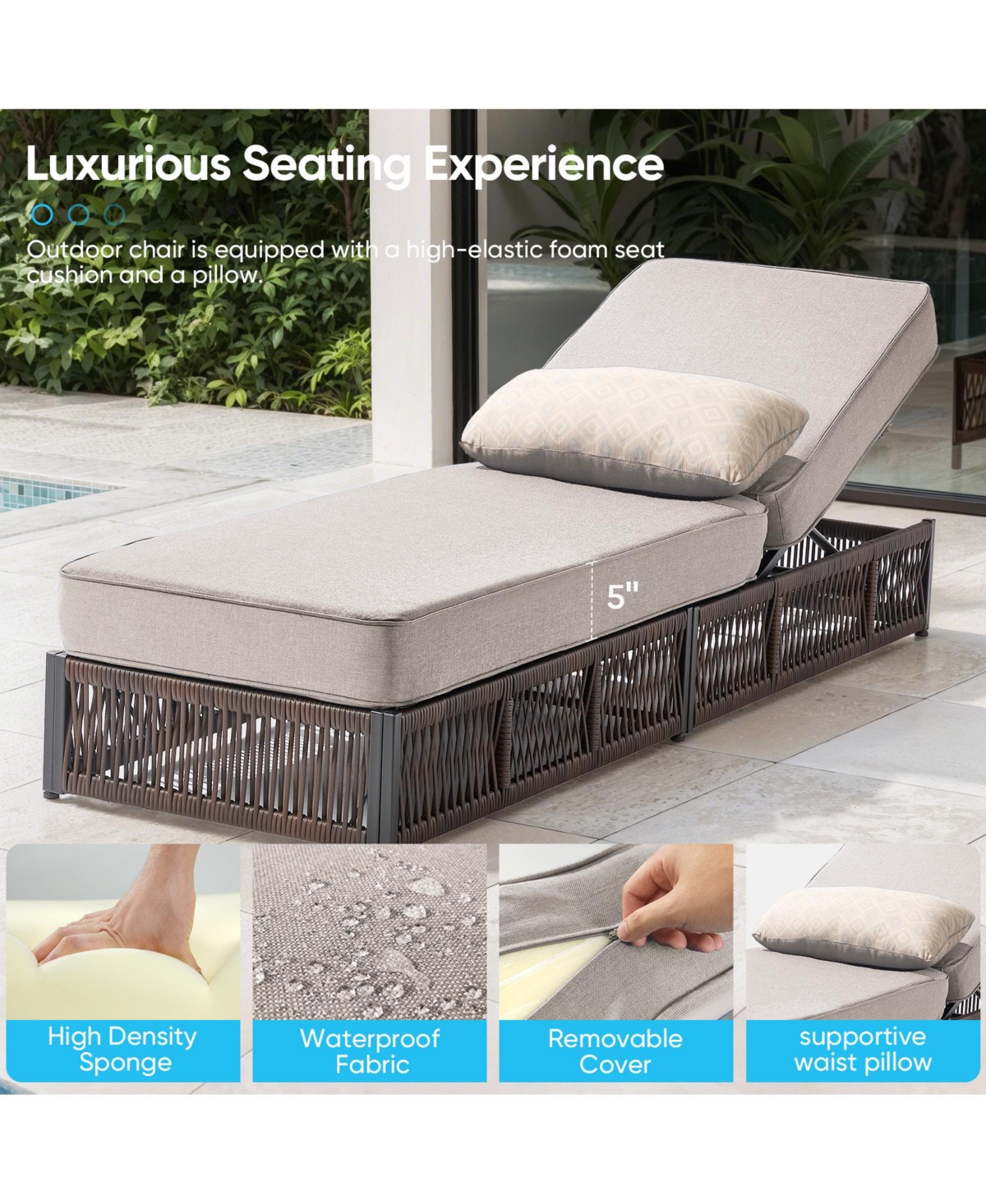 Gymojoy 6-Piece Wicker Outdoor Chaise Lounge with 5 In. Thick Olefin Cushions Patio Chair for Balcony