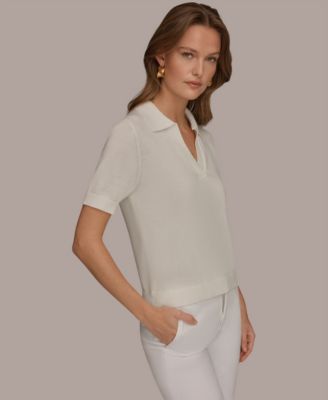 Women's Cotton Cashmere Polo Sweater with Elbow-Sleeve