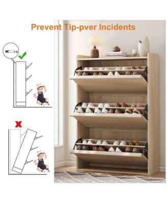 Natural Oak Freestanding Shoe Cabinet - 3 Flip Drawers + Drawer Adjustable Wooden Entryway Organizer