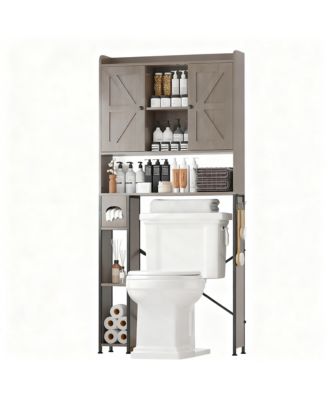 Metal Frame Over Toilet Cabinet with 7 Shelves & Hooks for Farmhouse Style