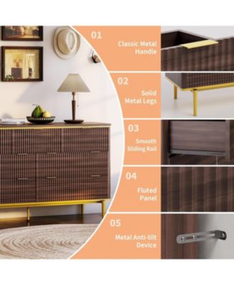 7 Drawers Dresser for Bedroom, 54in Wide Fluted Chest of Drawers Dresser Wood Storage Cabinet Curved Design TV Stand with Metal Handles