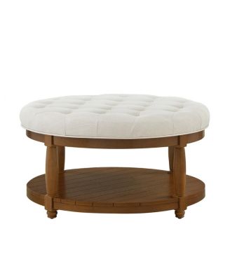 Large Tufted Linen Ottoman Coffee Table with Wood Shelf Storage