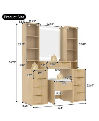 43.5" Fluted Makeup Vanity Desk with Mirror, Lights, 10 Drawers, 2 Cabinets, Stool