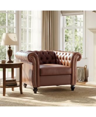Chesterfield Club Chair with Scrolled Arms, Nailhead Trim, and Solid Wood Legs