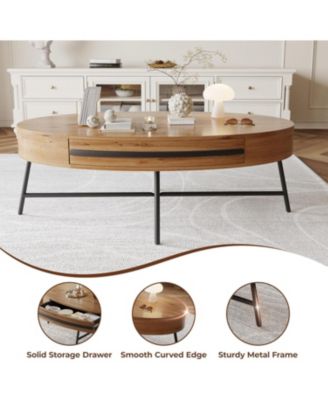Oval Coffee Table with Drawer Mid-Century Modern Center Table Wooden Coffee Table with Storage and Cross Metal Legs Unique Curved Design