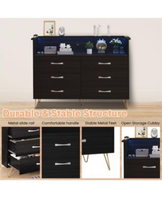 6-Drawer Dresser with USB Charging Station & LED Lights, Modern Wide Chest of Drawers, Large Bedroom Storage Tower Organizer in Black