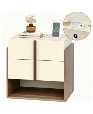 Mid-Century Modern Nightstand with Charging Ports and Storage