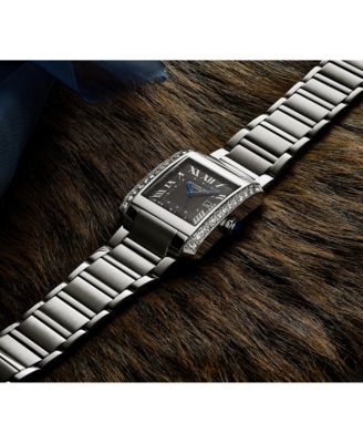 Elan Women s Rectangular Quartz Watch, Black Dial, Silver-Tone Stainless Steel Bracelet, Roman Numeral Dial & Date