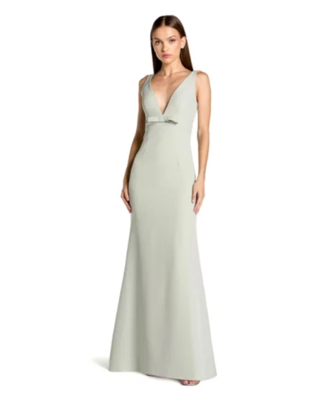 Petite Crepe Sleeveless V Neck Sheath Gown With Bow - Sage