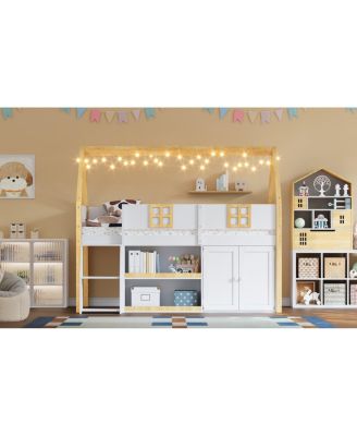loft bed with Step Staircase, Shelving, Cabinets & LED lights