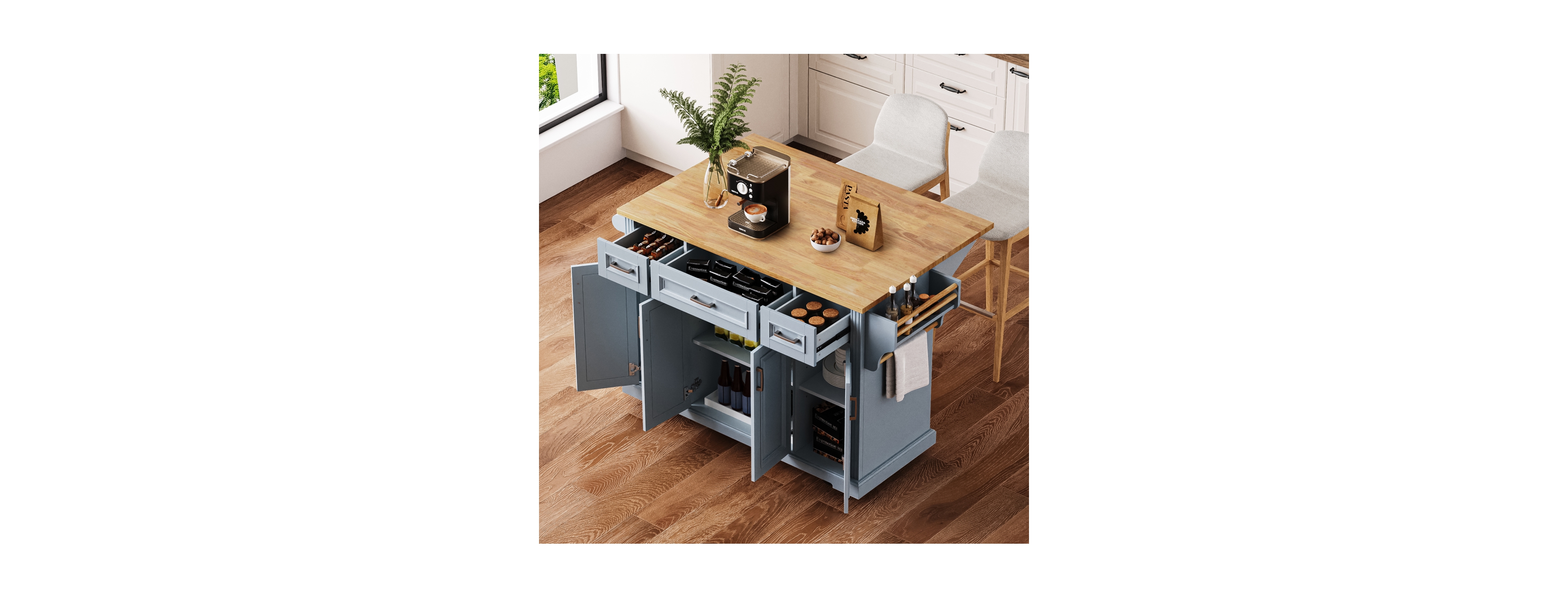 Streamdale Furniture 54" Large Kitchen Island with Drop Leaf, Rolling Cart with 4 Doors, 3 Drawers,