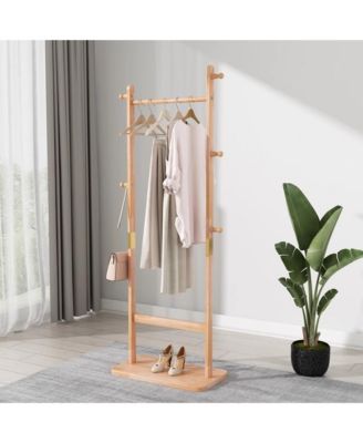 Solid Wood Coat Rack, Freestanding Clothes Organizer with Hanging Rod, Hooks, Storage Stand for Coats and Bags, Perfect for Entryway