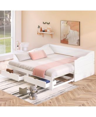 Wooden Daybed with Trundle, Storage Drawers, Extendable Sofa Bed