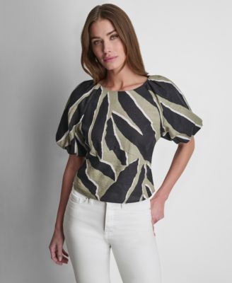 Women's Printed Scoop-Neck Short-Puff-Sleeve Top