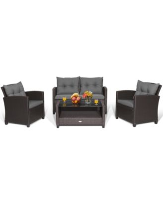 Set Of 4 Patio Rattan Furniture Set Glass Table Shelf Sofa Cushion