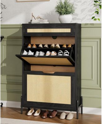Rattan Shoe Cabinet Storage with 2 Flip Drawers & Top Drawer, Freestanding Shoe Organizer Wooden Slim Shoe Rack Storage with Adjustable Shelves