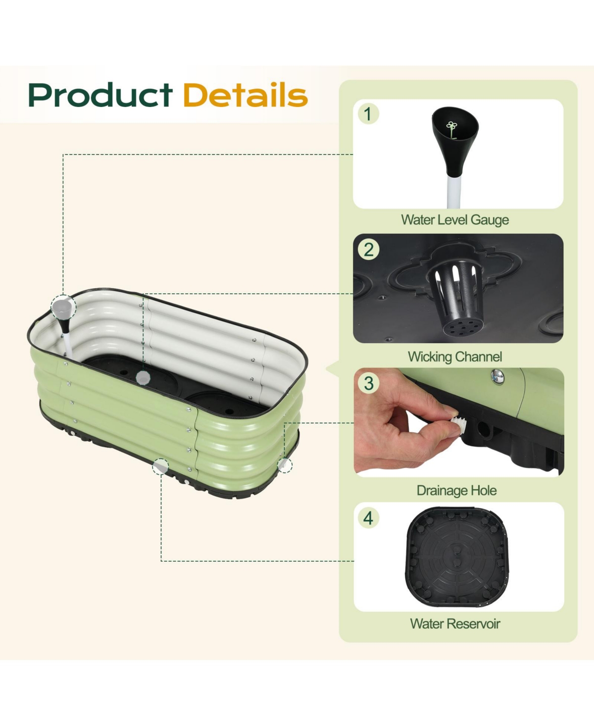 Aoodor Galvanized Raised Garden Bed 31.5'' Self-Watering Planter Box with Drainage Plug and Water Reservoir for Indoor & Outdoor Gardening