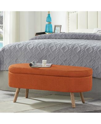  Luxury Oval Boucle Storage Ottoman Bench with Wood Legs