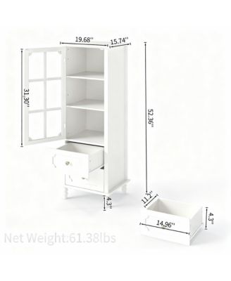 Tall Narrow Buffet Cabinet 52" White Kitchen Pantry 2 Glass Doors 2 Drawer