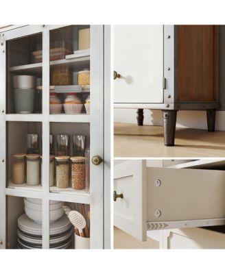 Tall Narrow Buffet Cabinet 52" White Kitchen Pantry 2 Glass Doors 2 Drawer