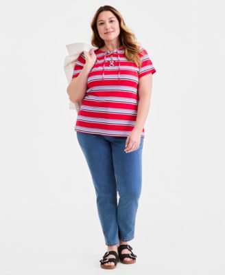 Plus Size Striped Lace-Up Short-Sleeve Top