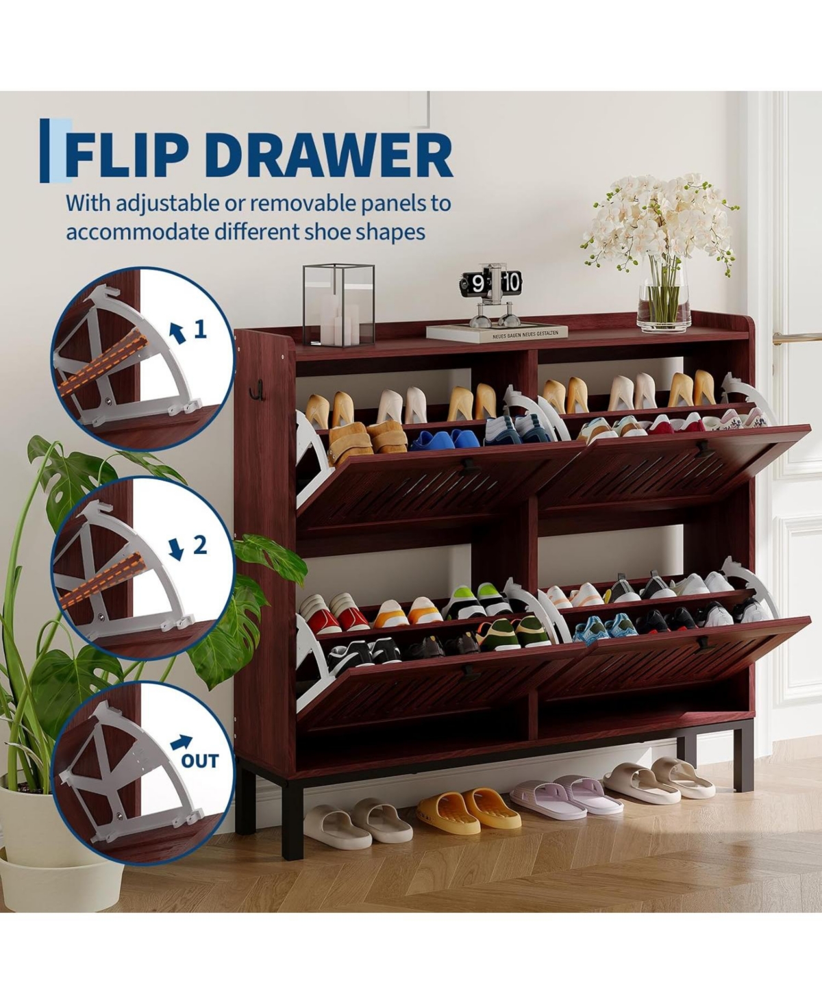 gaomon Shoe Storage Cabinet with 4 Flip Drawers, Modern Hollow-Out Panels, Adjustable Shoe Rack Organizer for Living Room or Bedroom